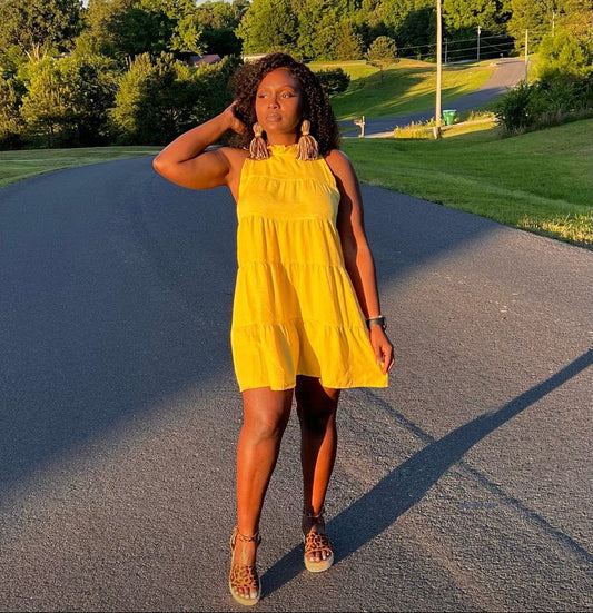 Tie Back Mock Neck Tiered Dress