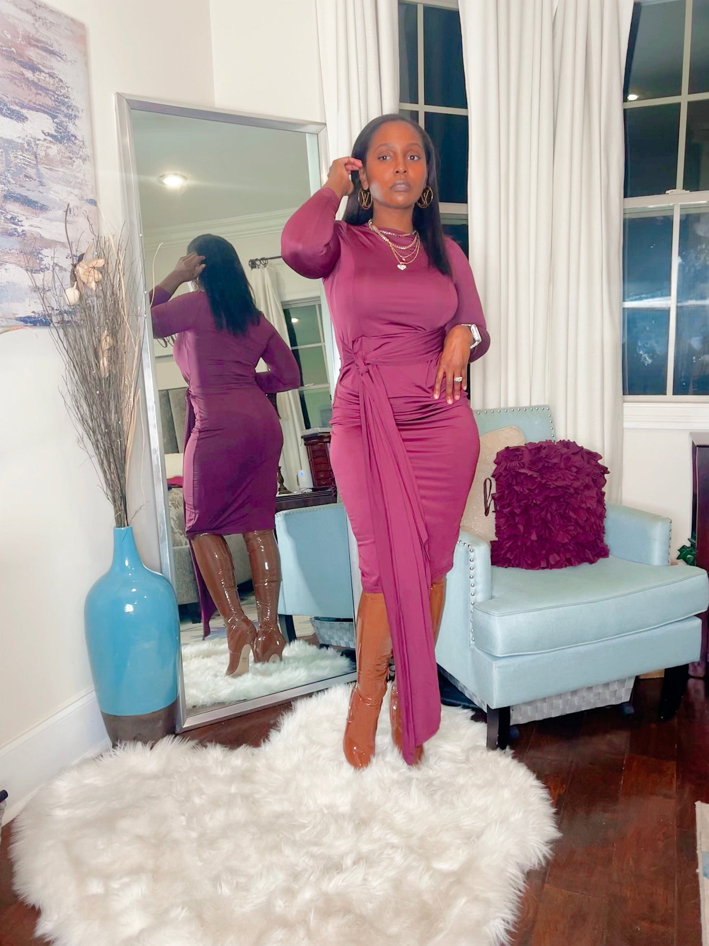 Tie Detail Round Neck Midi Dress