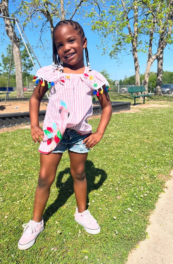Denim Shorts Set - Frilly Flamingo