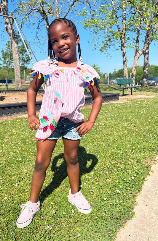 Denim Shorts Set - Frilly Flamingo