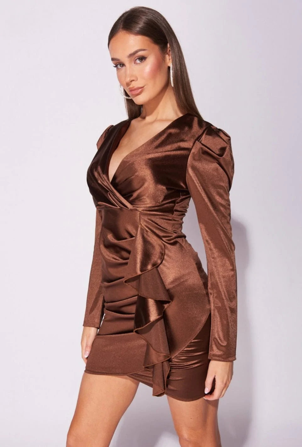 Brown Satin Ruffle Detail Puff Sleeve Wrap Mini Dress