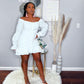 White Ruched Ruffle Trim Bardot Dress