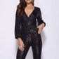 Black Sequin Balloon Sleeve V Neck Wrapover Front Jumpsuit