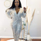 Silver Sequin Balloon Sleeve V Neck Wrapover Front Jumpsuit