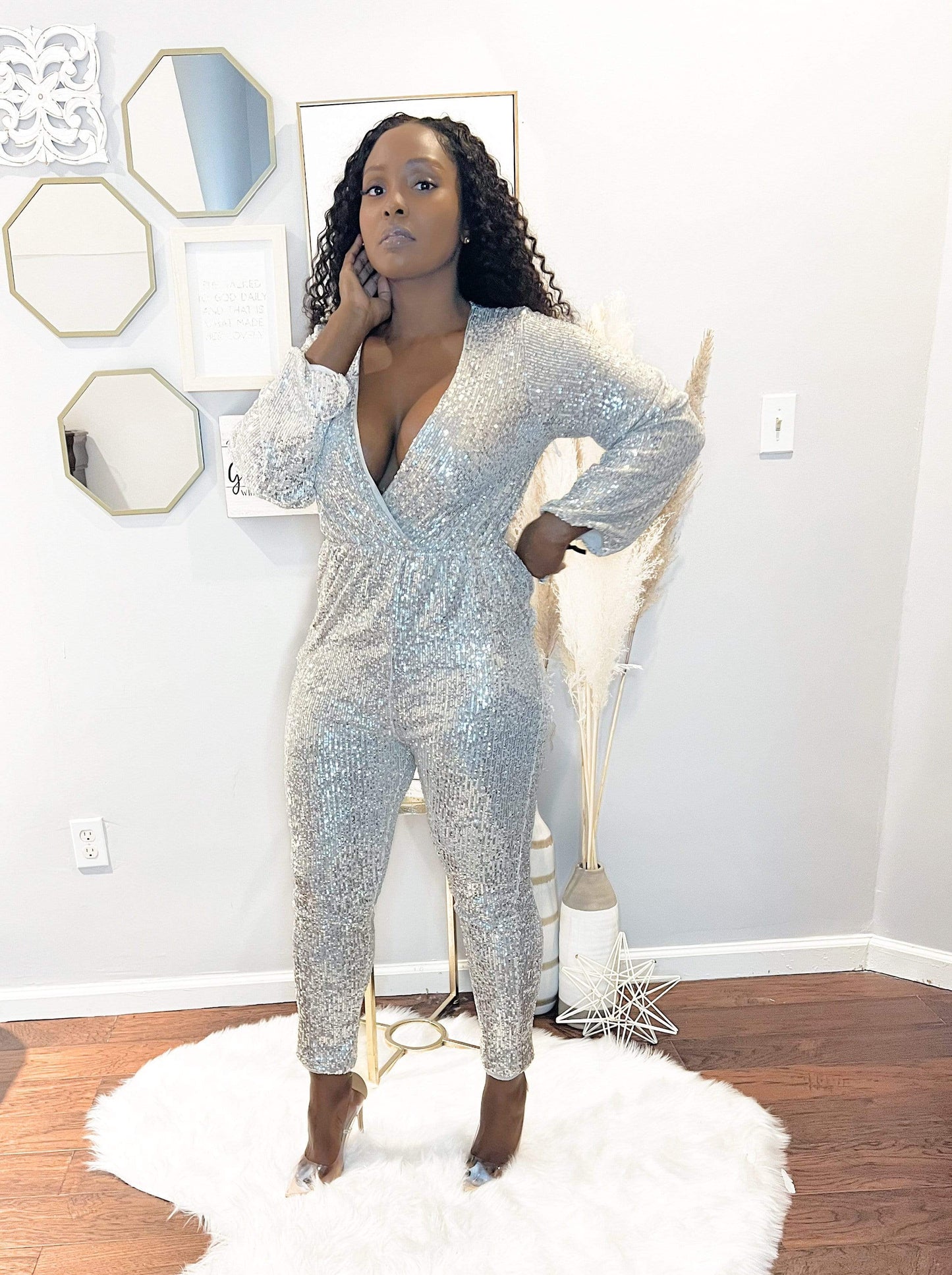 Silver Sequin Balloon Sleeve V Neck Wrapover Front Jumpsuit