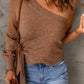 Side Tie One-Shoulder Ribbed Trim Sweater